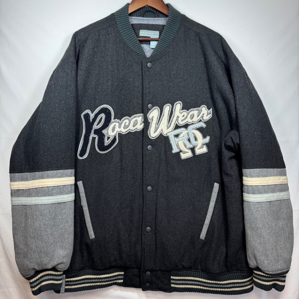 Rocawear Mens Wool Blend Varsity Letterman Bomber Jacket Gray‎ Black Sz 2XL